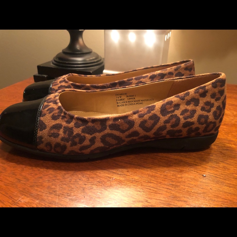Leopard and black patent leather flats